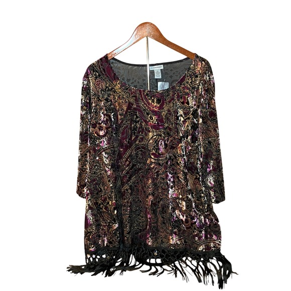 Catherine's 2X Velvet Tunic Top Paisley Burnout Fringe Plus Size Bohemian - Picture 1 of 6